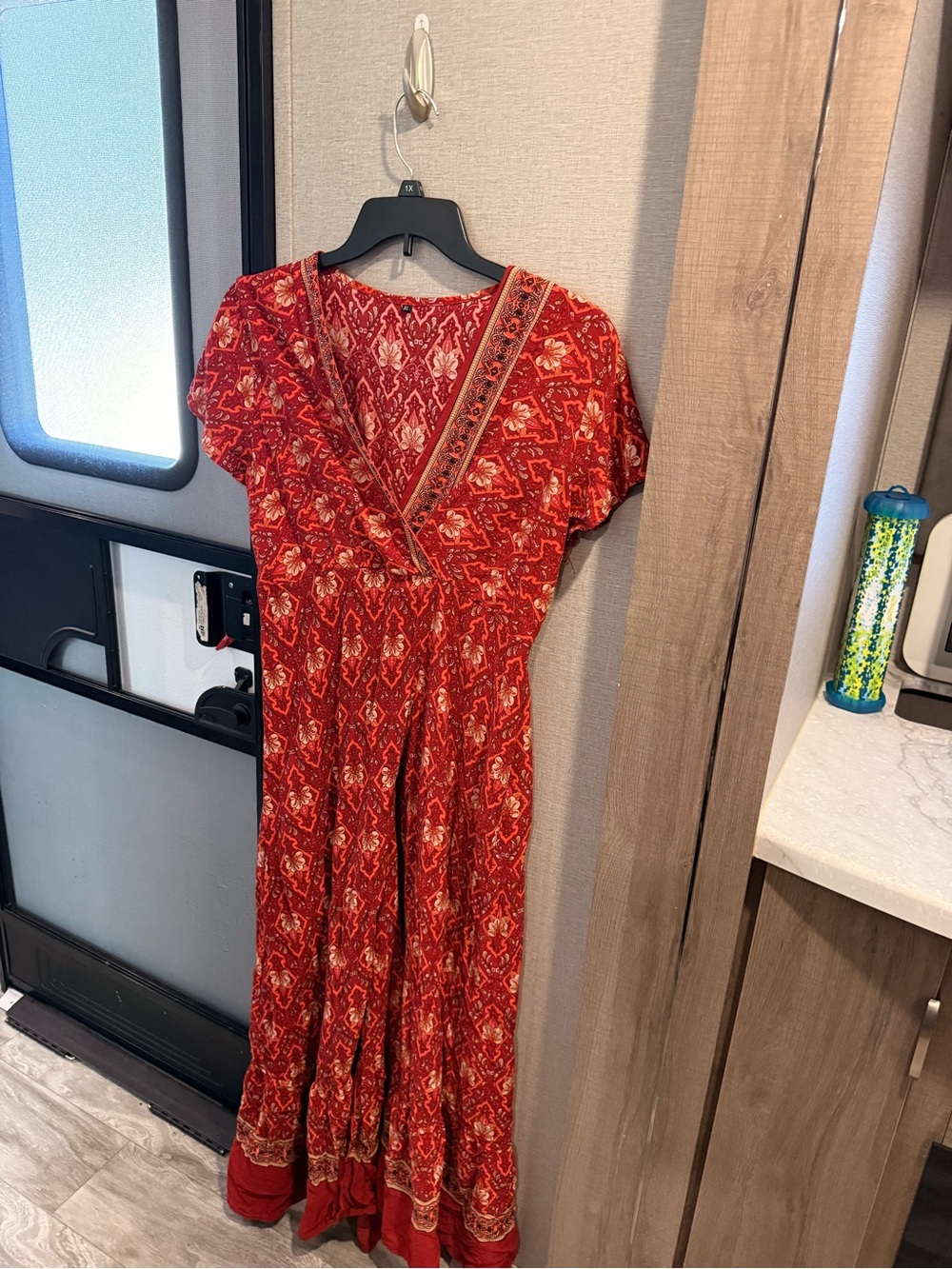 Red Bohemian V-Neck Maxi Dress